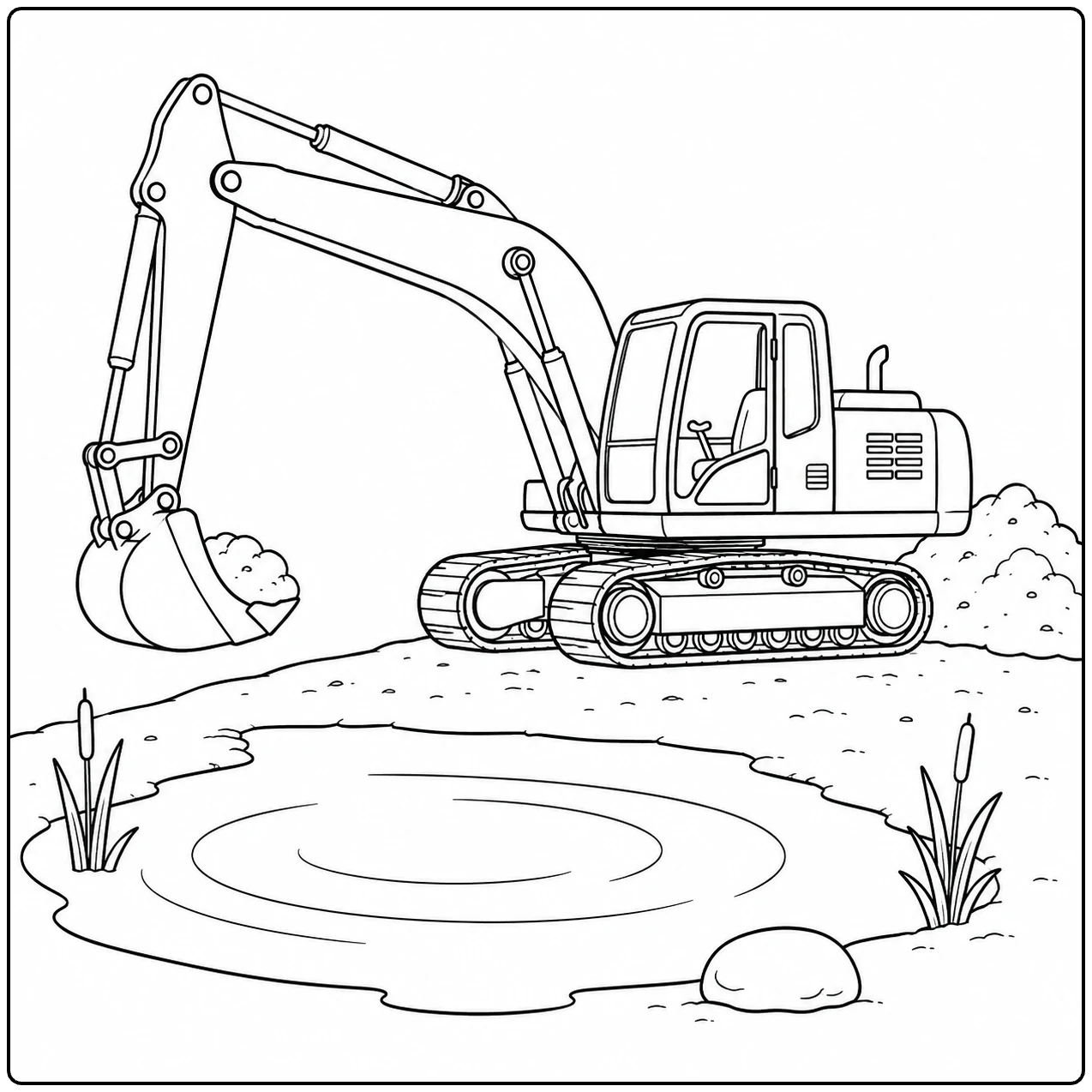 Graafmachine graaft langs een vijver met riet, waterkringen en een hoop aarde