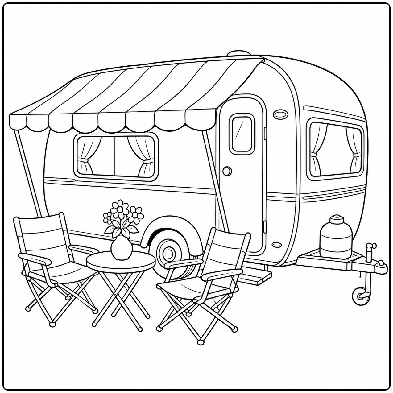 Ronde vintage caravan met gestreepte luifel, campingstoelen, tafel en bloemenvaas.
