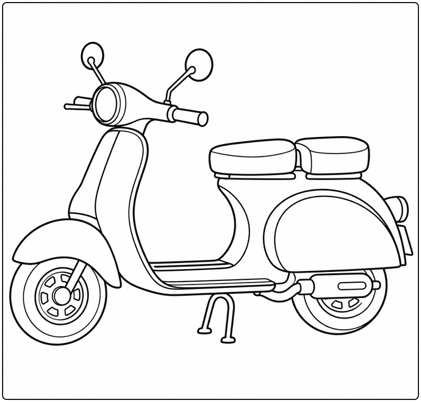 Zijaanzicht van een vintage scooter met gedeeld zadel, als eenvoudige vespa kleurplaat