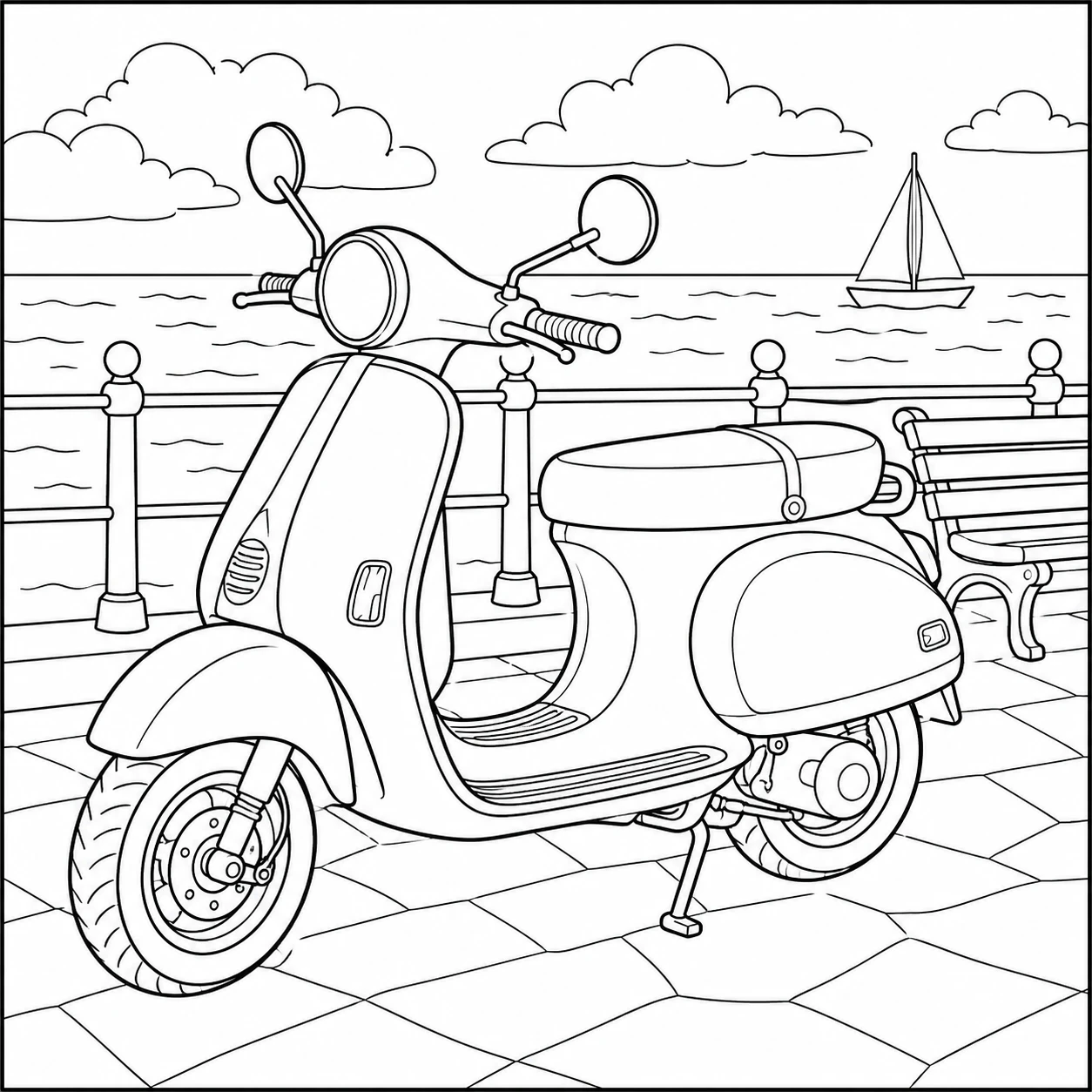 Retro scooter aan een promenade met zeilboot, bankje en zachte golven op de achtergrond