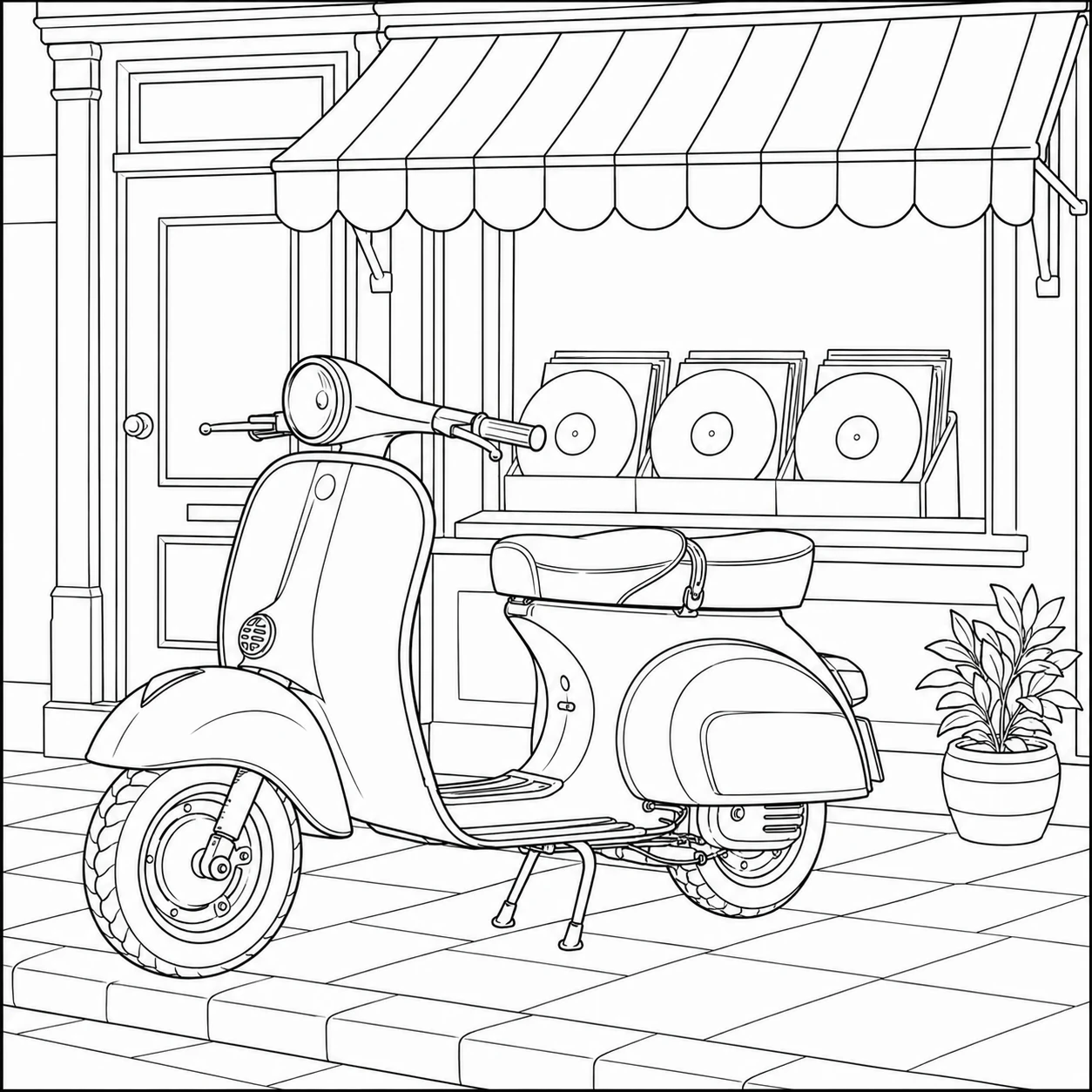 Vintage scooter voor een platenwinkel met gestreepte luifel en ronde platen in de etalage
