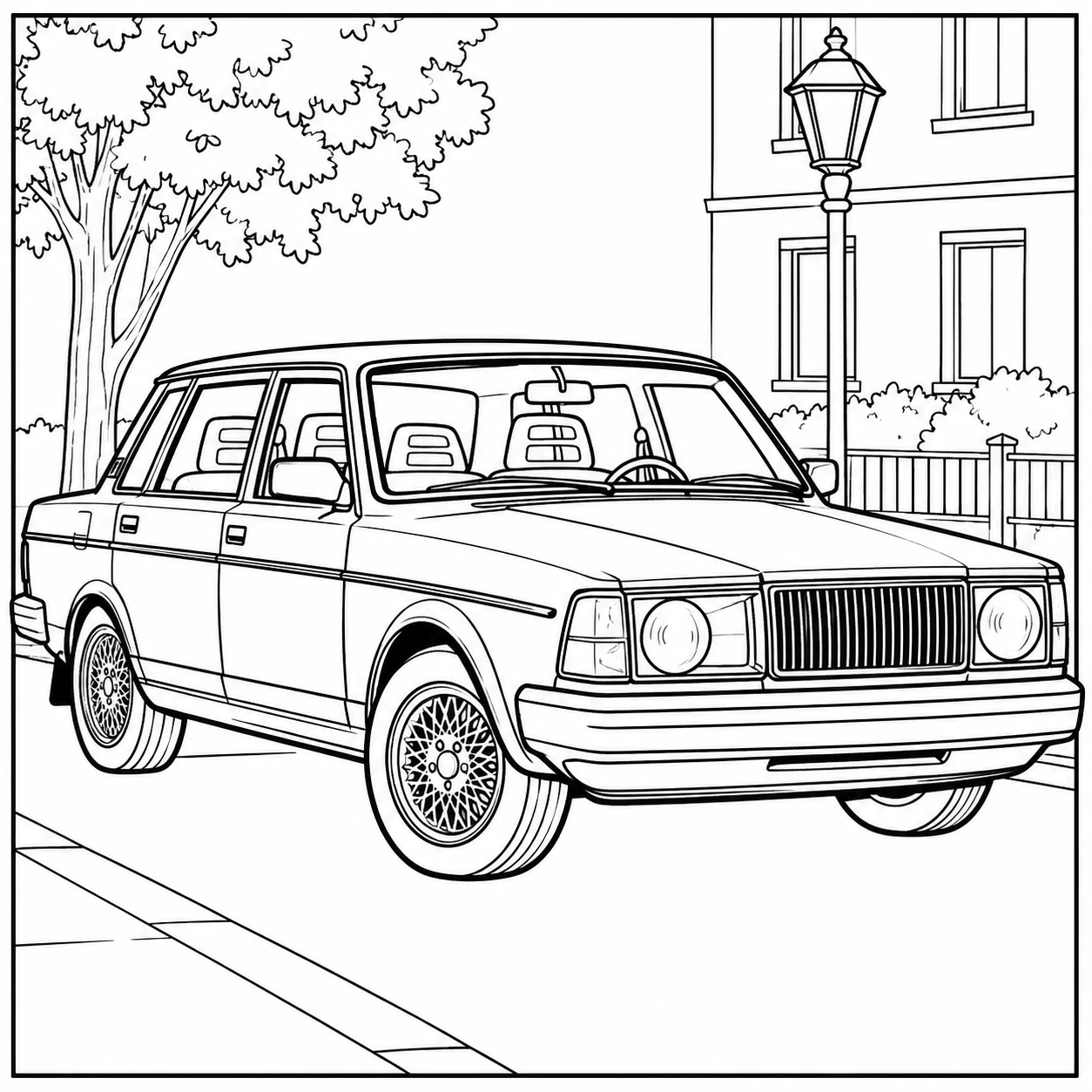 Kleurplaat auto volvo toont een vintage wagen op een straat met bomen en lantaarn