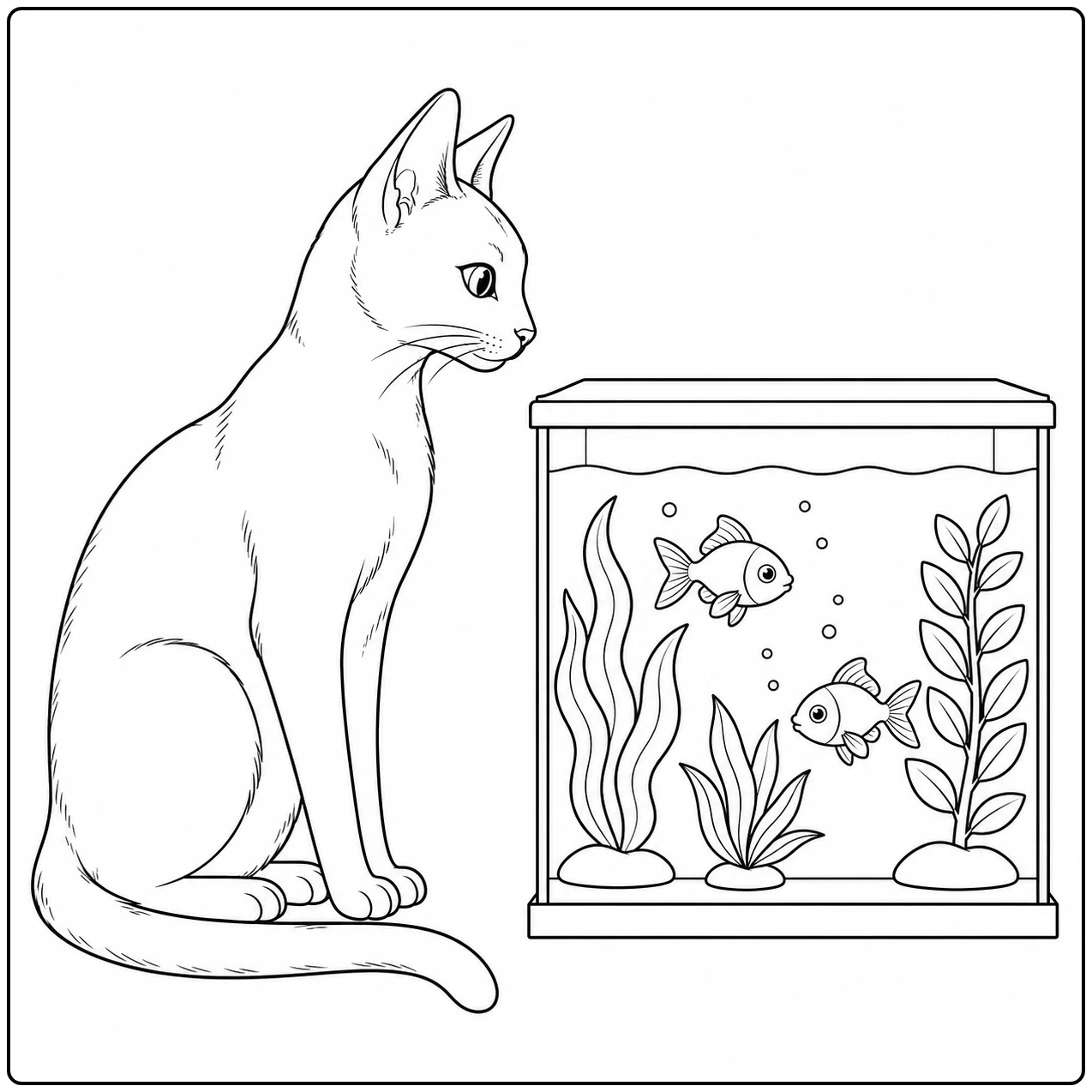 Zittende kat bekijkt vissen en waterplanten in een aquarium, een rustige kleurplaat blauwe rus.