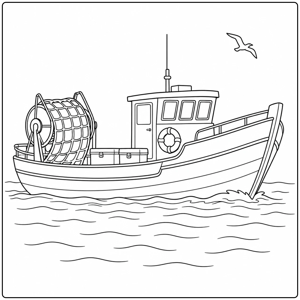 Vissersboot met opgerold net en kajuit, een kleurplaat boot op golvend water