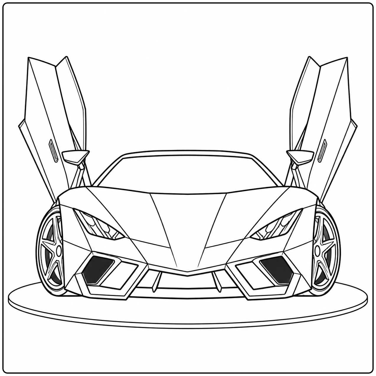Frontale kleurplaat auto lamborghini met geopende vleugeldeuren op een ronde presentatievloer