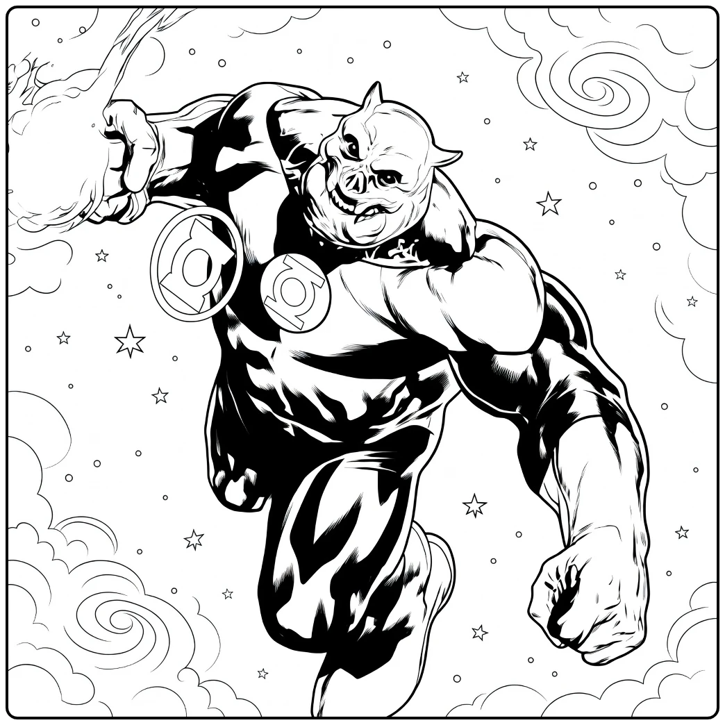 Green Lantern Kleurplaat van een gespierde beestachtige held die voorwaarts vliegt met uitgestrekte arm en energie