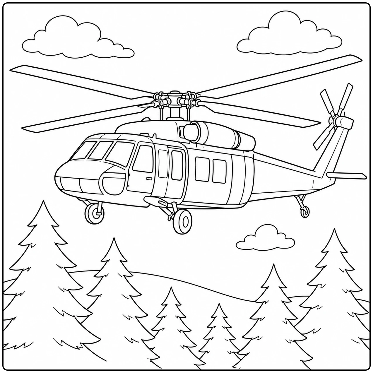 Boven een dennenbos zweeft een kleurplaat leger helikopter met uitgeschoven wielen