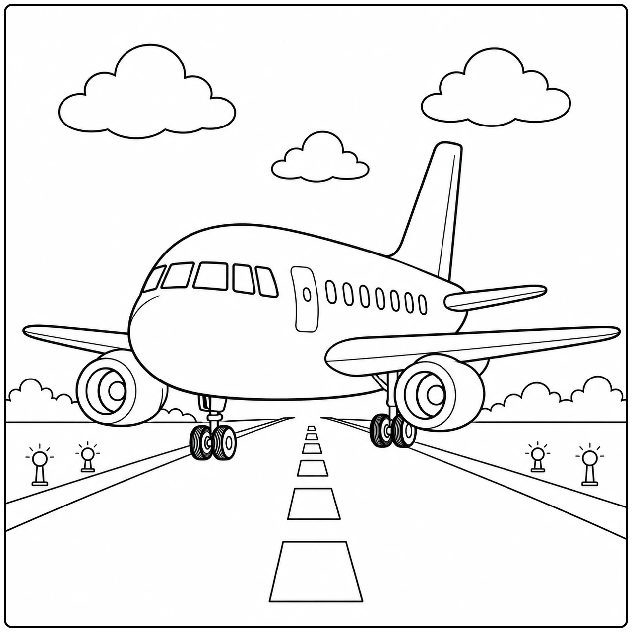 Passagiersvliegtuig komt recht over de startbaan naar voren, omringd door wolken en baanlichten.