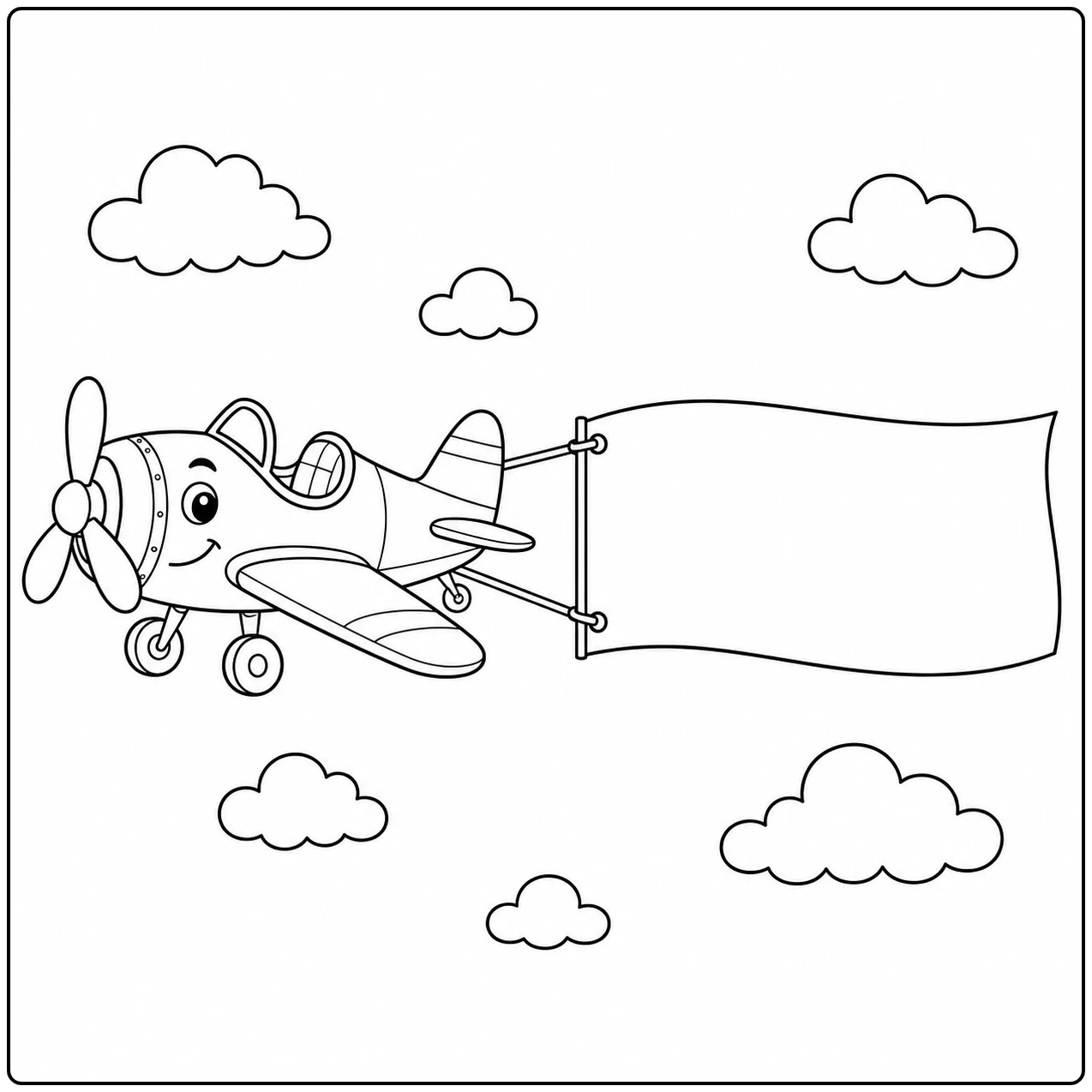 Tussen losse wolken sleept een vliegtuig een lange banner, passend bij een Propellervliegtuig kleurplaat