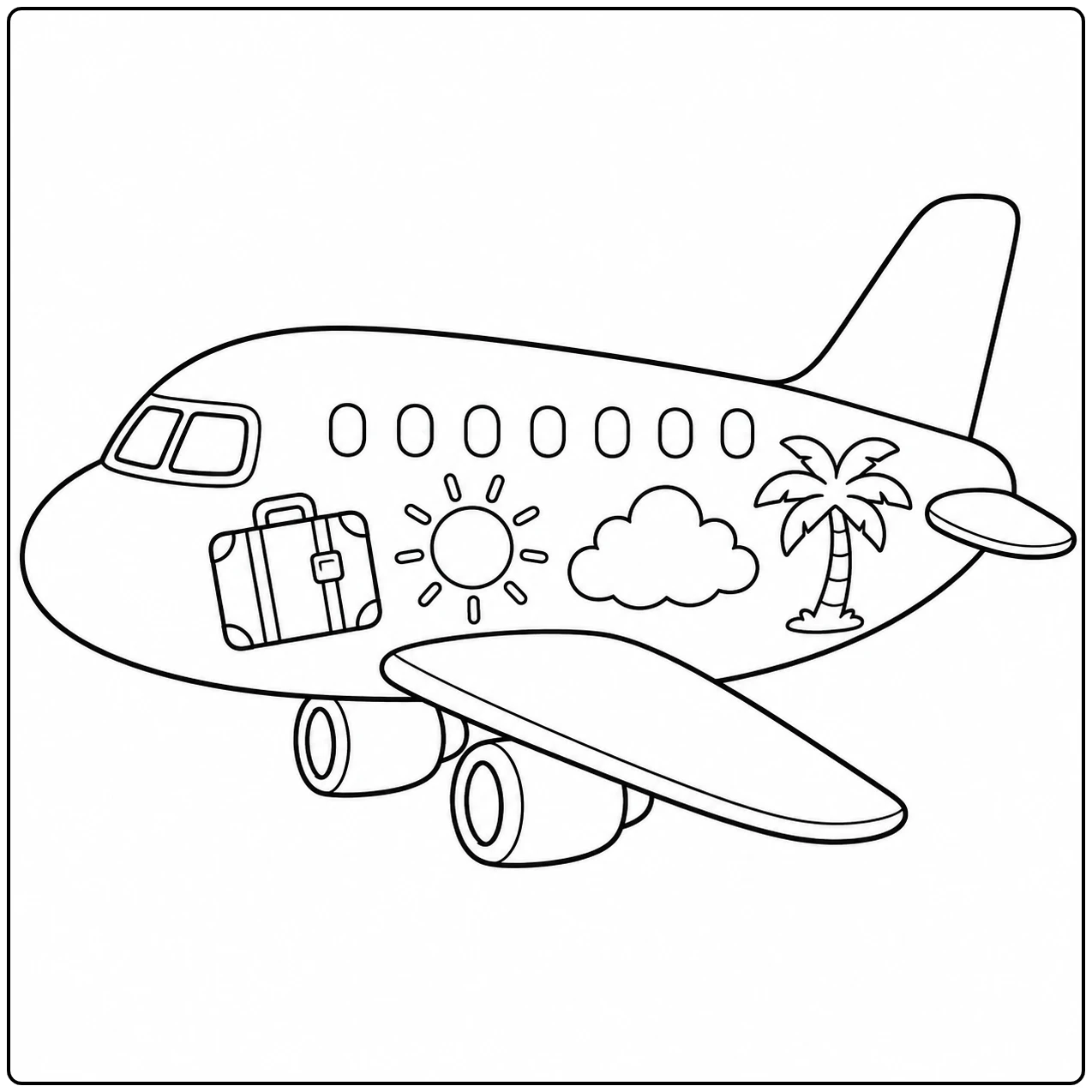 Passagiersvliegtuig met koffers, zon en palmboom in een Vliegtuig en reizen kleurplaat.