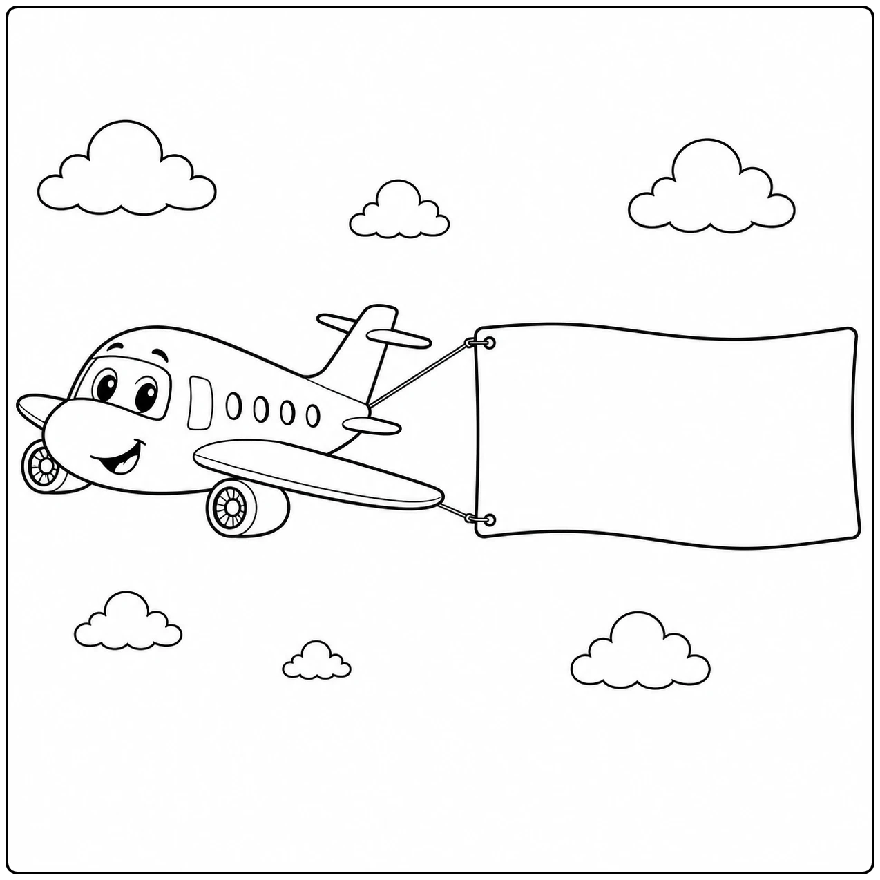 Schattige vliegtuig kleurplaat met een glimlachend toestel dat een lege banner door de wolken trekt