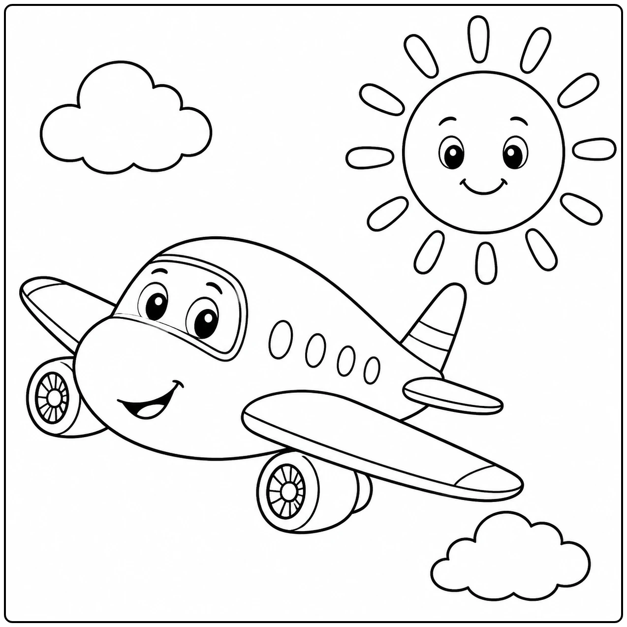 Vrolijk vliegtuig vliegt langs een lachende zon en wolken in een eenvoudige kleurplaat voor kinderen