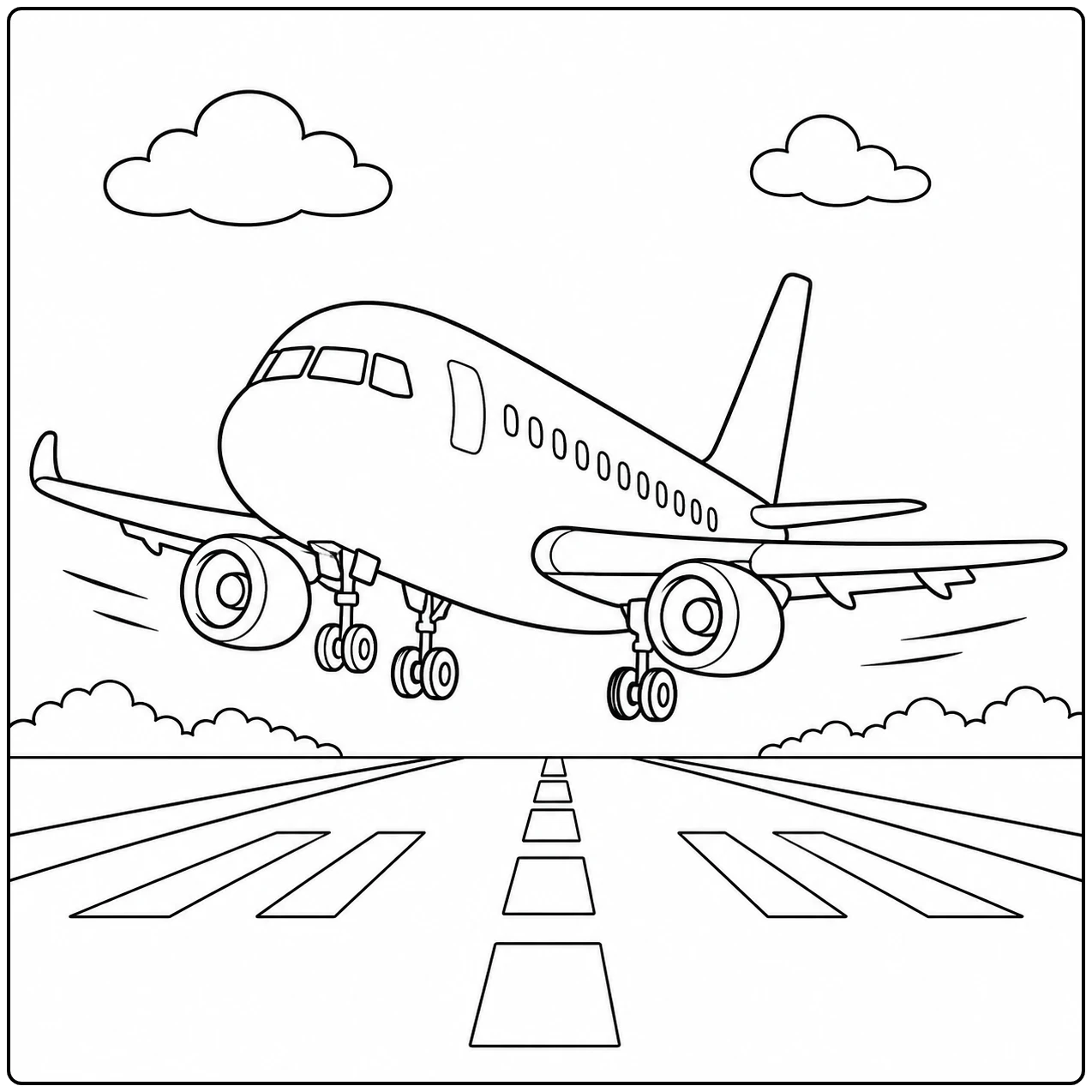 Passagiersvliegtuig rijdt recht over de baan; Vliegtuig op de luchthaven kleurplaat met wolken.
