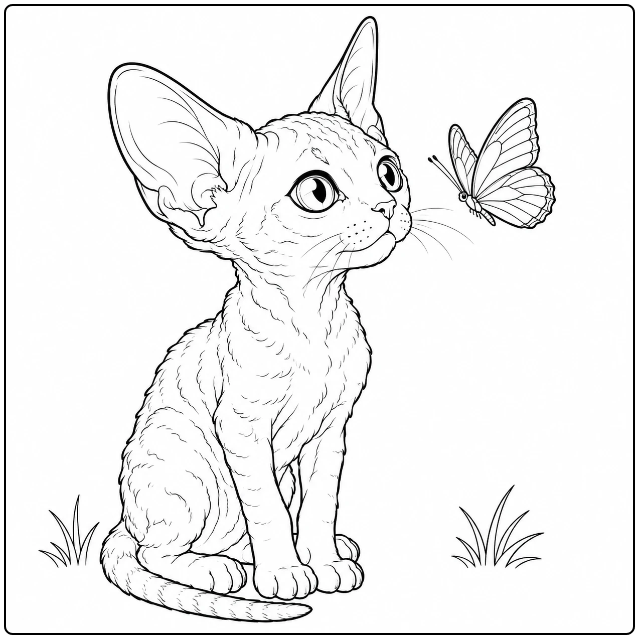 Zittende Devon Rex kijkt aandachtig naar een vlinder die vlak voor haar neus fladdert.