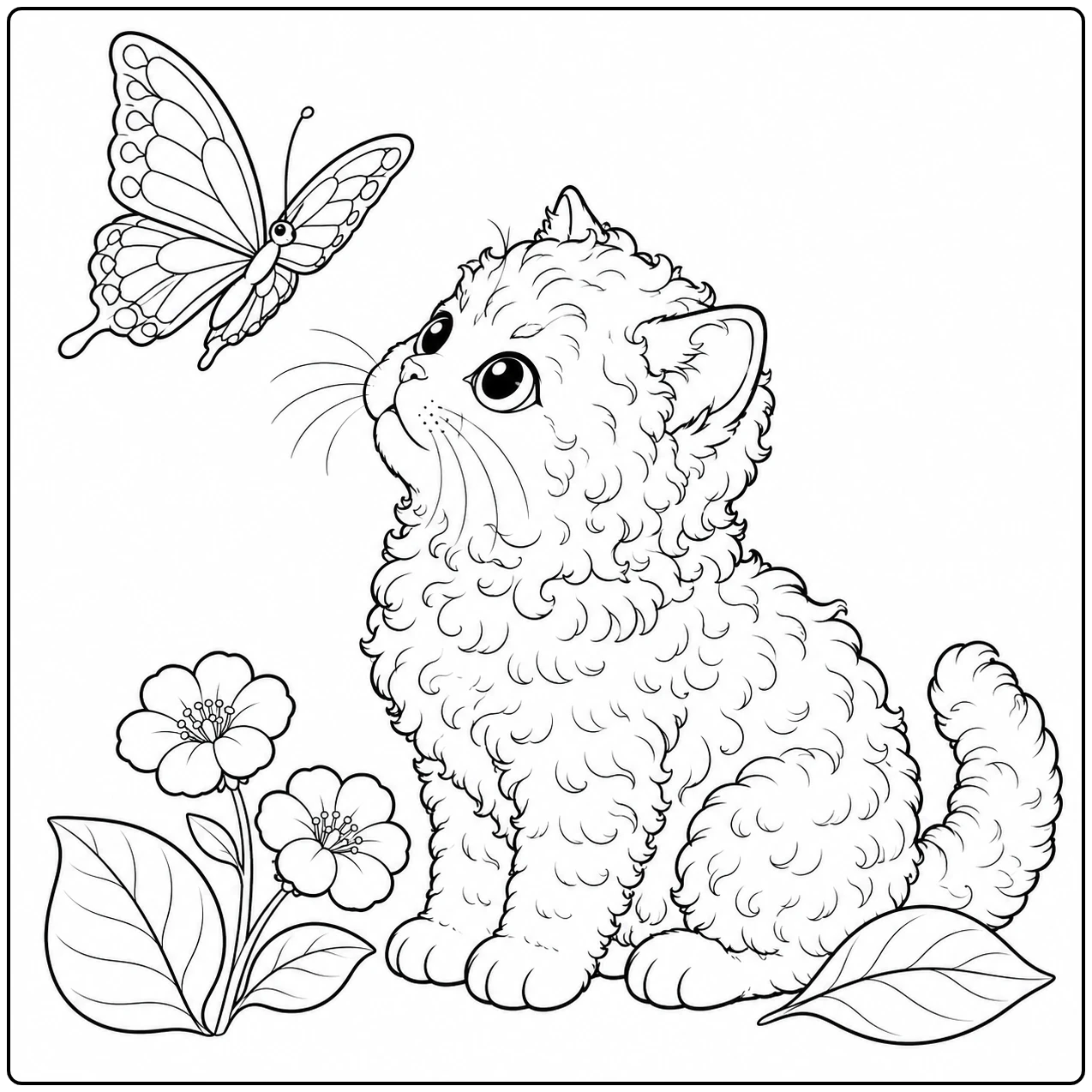Zittend kitten kijkt omhoog naar een vlinder, omringd door bloemen en brede bladeren.