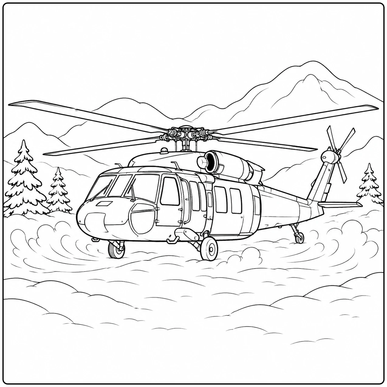 Boven sneeuw en dennen vliegt een kleurplaat leger helikopter met bergen op de achtergrond