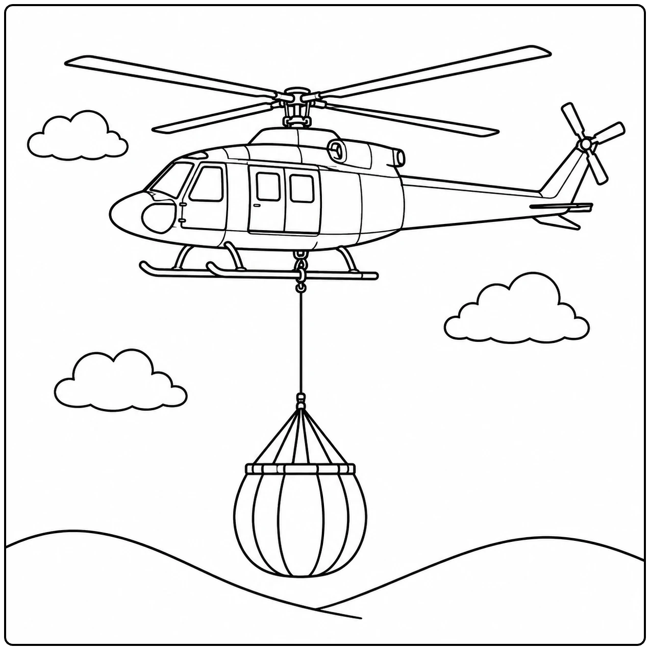 Kleurplaat brandweer helicopter met waterzak boven heuvels en zachte wolken