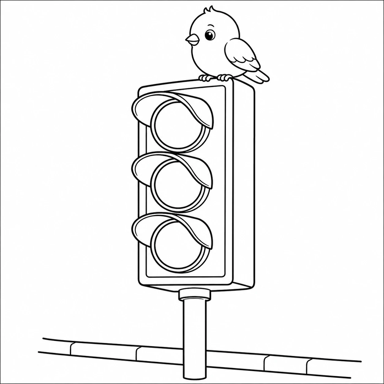 Een vogel zit boven op een kleurplaat verkeerslicht met drie grote ronde signaallampen