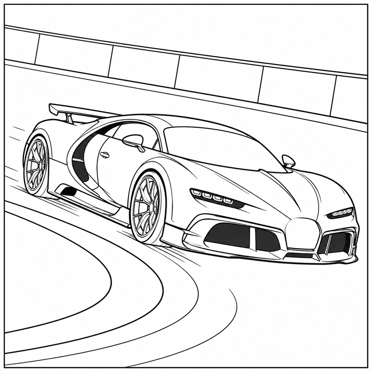 Sportieve Bugatti snijdt door een scherpe bocht op een leeg racecircuit.