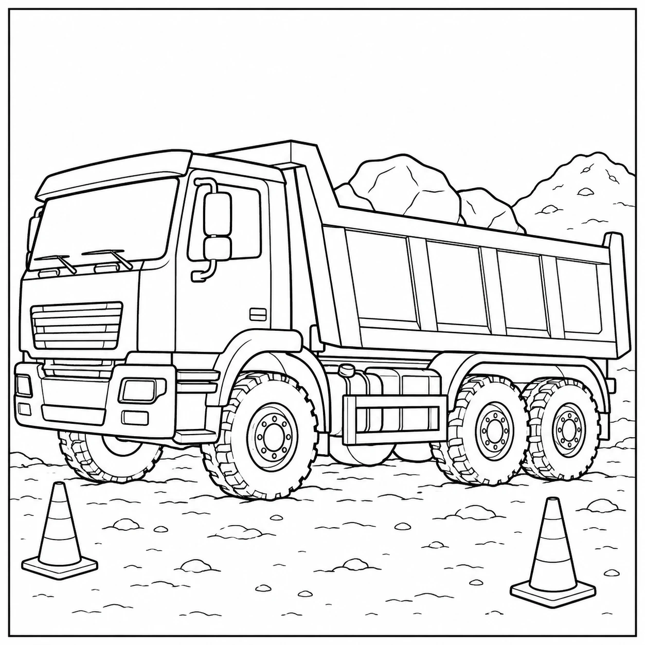 Zware kiepwagen vol stenen staat tussen verkeerskegels op een ruwe bouwplaats.