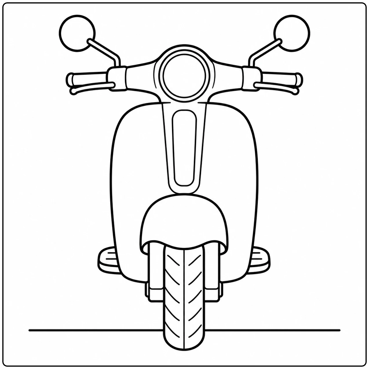 Vooraanzicht van een retro scooter met twee ronde spiegels, koplamp en duidelijk voorwiel.
