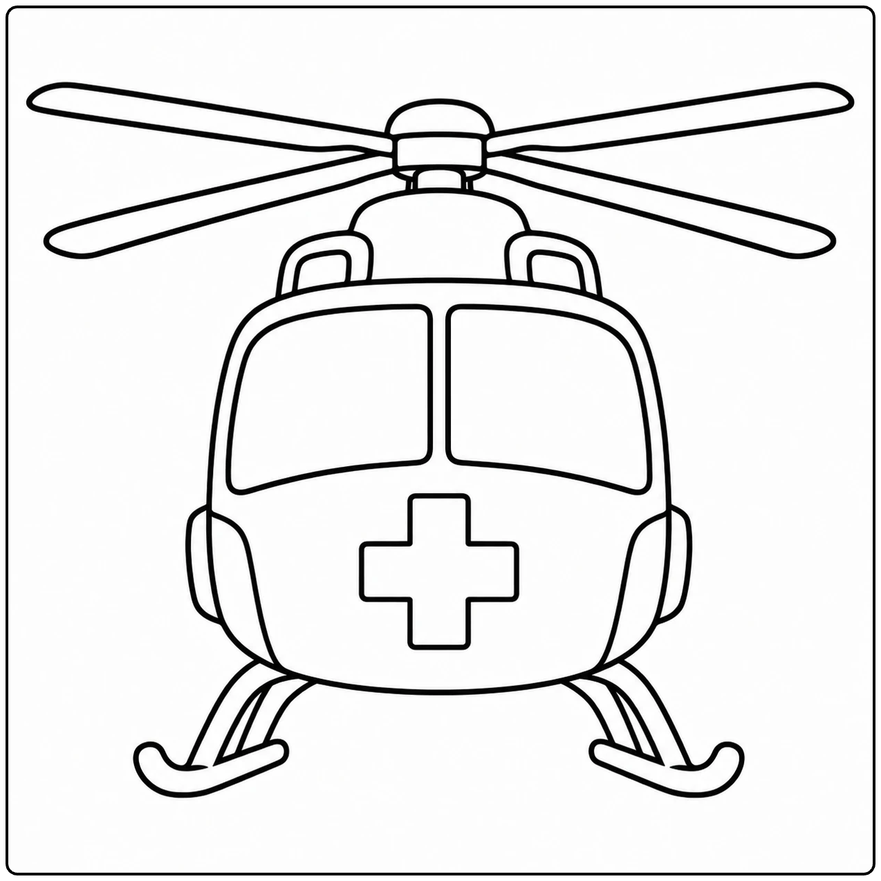 Frontaal zicht op een ambulancehelikopter met brede rotorbladen, cockpitramen en medisch kruis