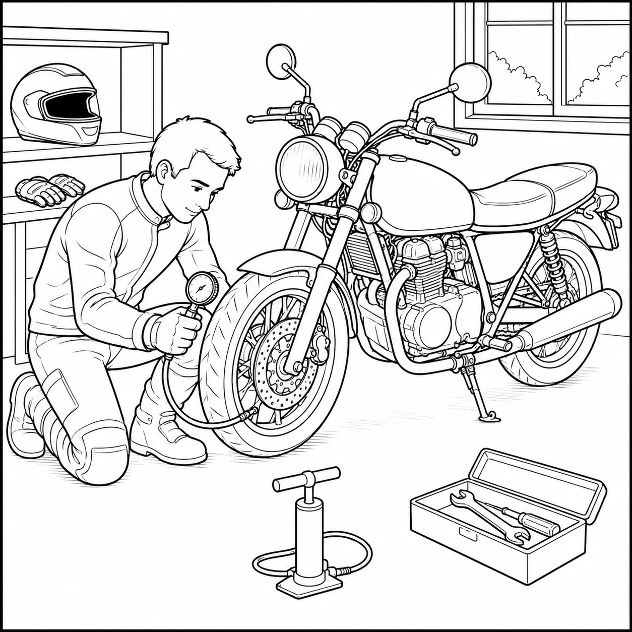 In de garage controleert een monteur de voorband van een kleurplaat motor yamaha met een handmeter