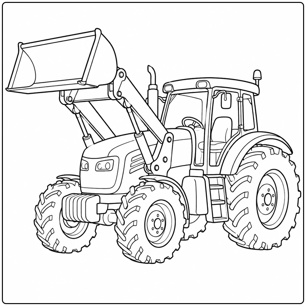 Voorladertractor met grote laadbak hoog boven de motorkap en stevige profielbanden