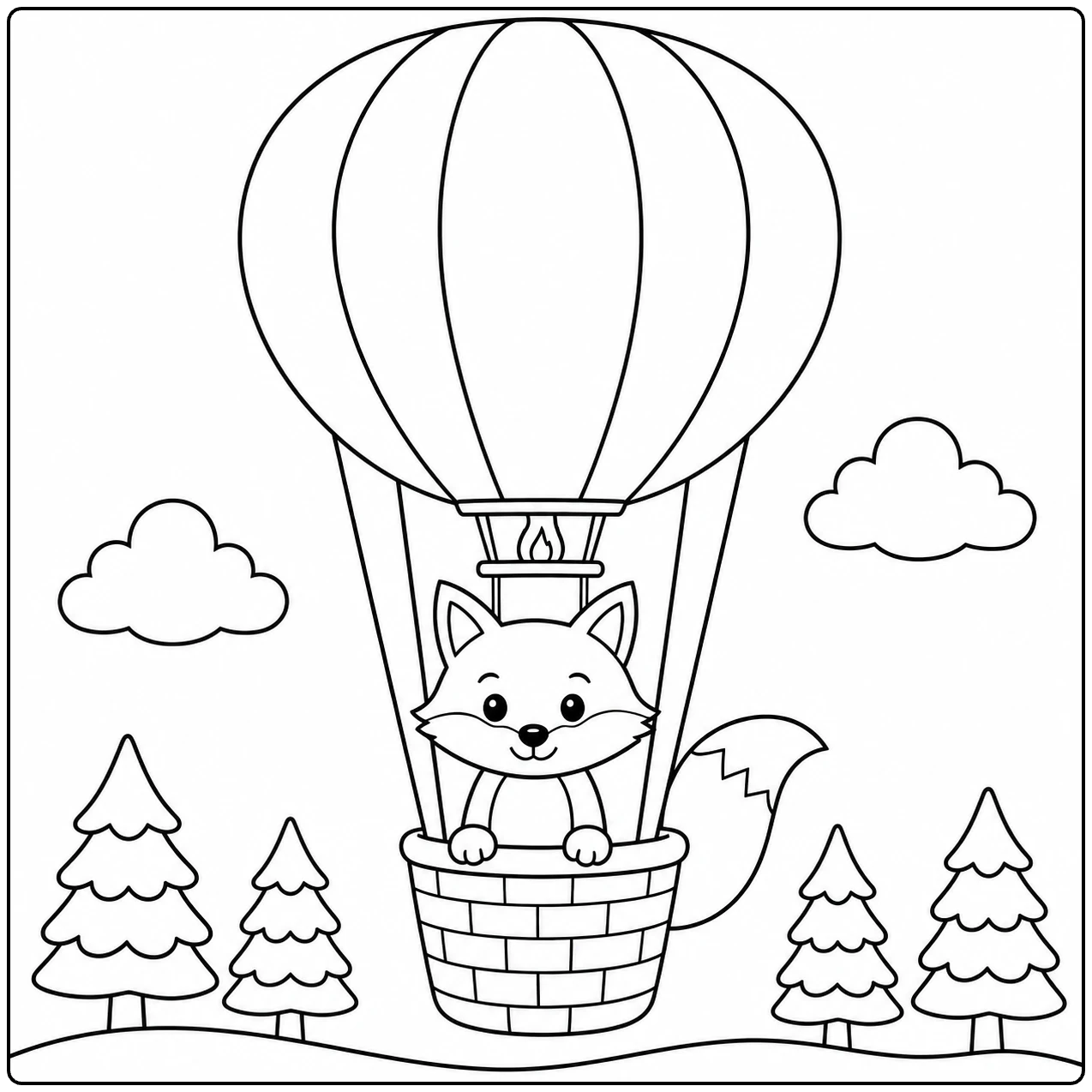 Kleurplaat luchtballon met een vosje boven dennenbomen en twee wolken in de lucht