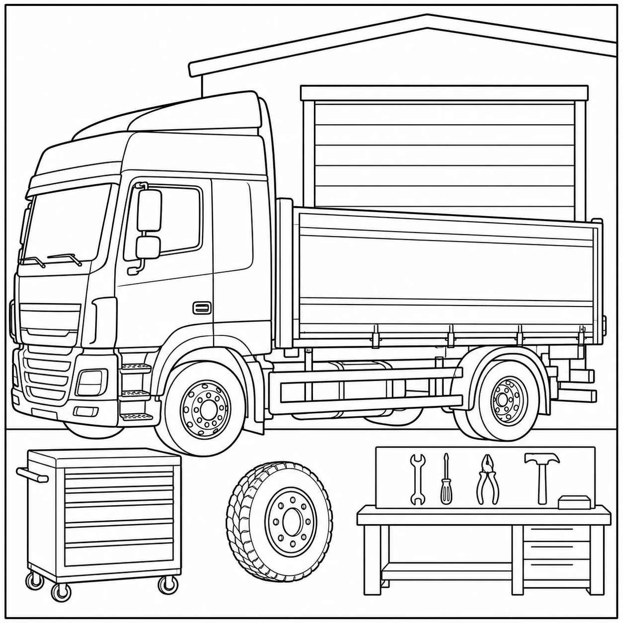 Vrachtwagen in een werkplaats met gereedschapsbank, reservewiel en geopende garagedeur.