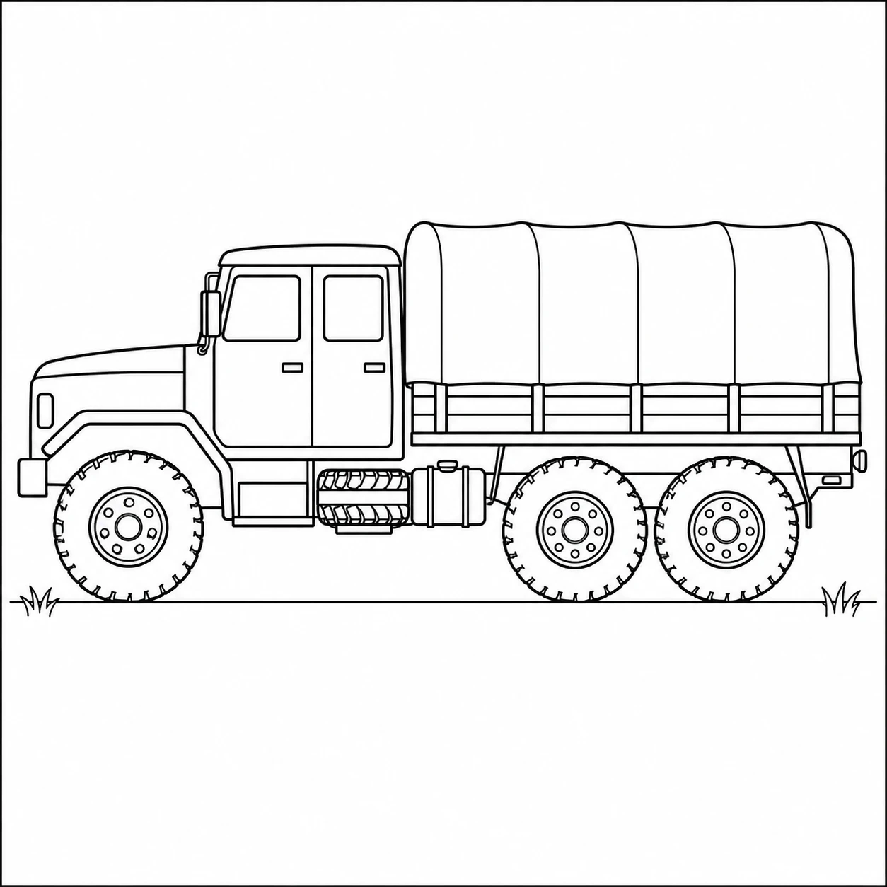 Militaire vrachtwagen met canvas huif, zes grote banden en een helder zijaanzicht.