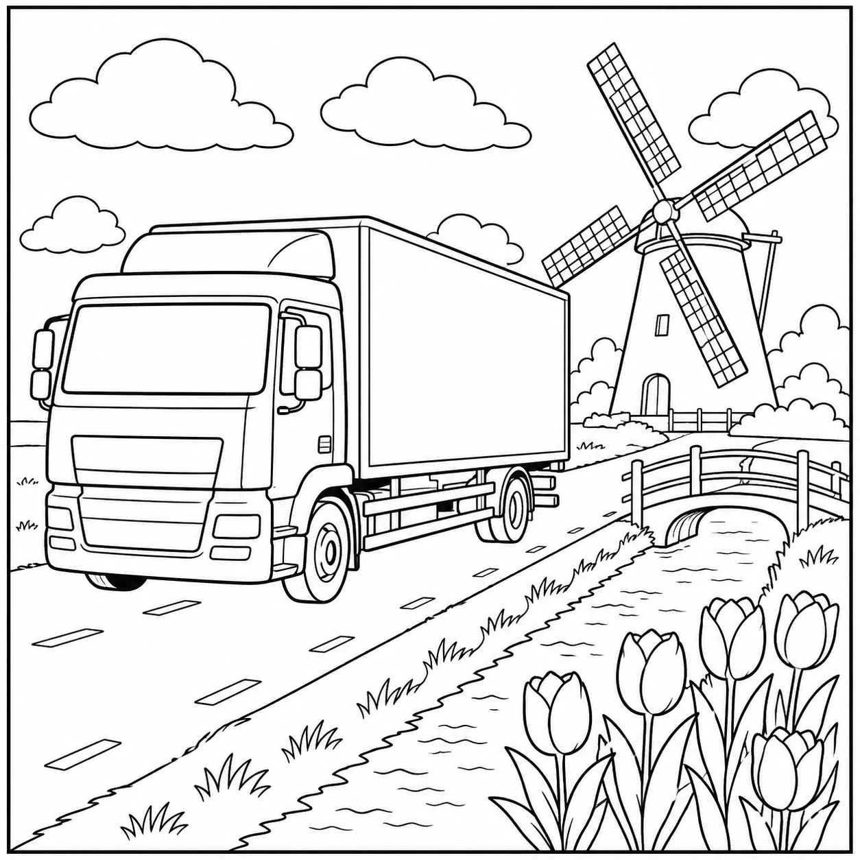 Europese bakwagen rijdt langs een Nederlandse molen, tulpen en een smalle watergang.