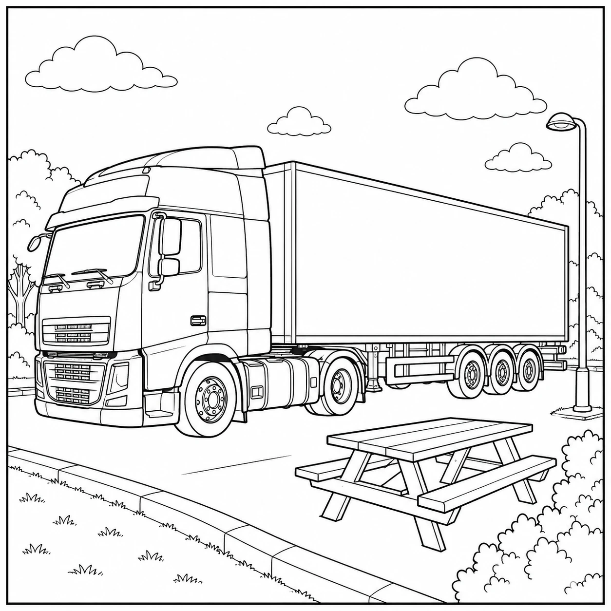 Vrachtwagen bij een rustplaats met picknicktafel en wolken, als kleurplaat vrachtwagen mercedes.