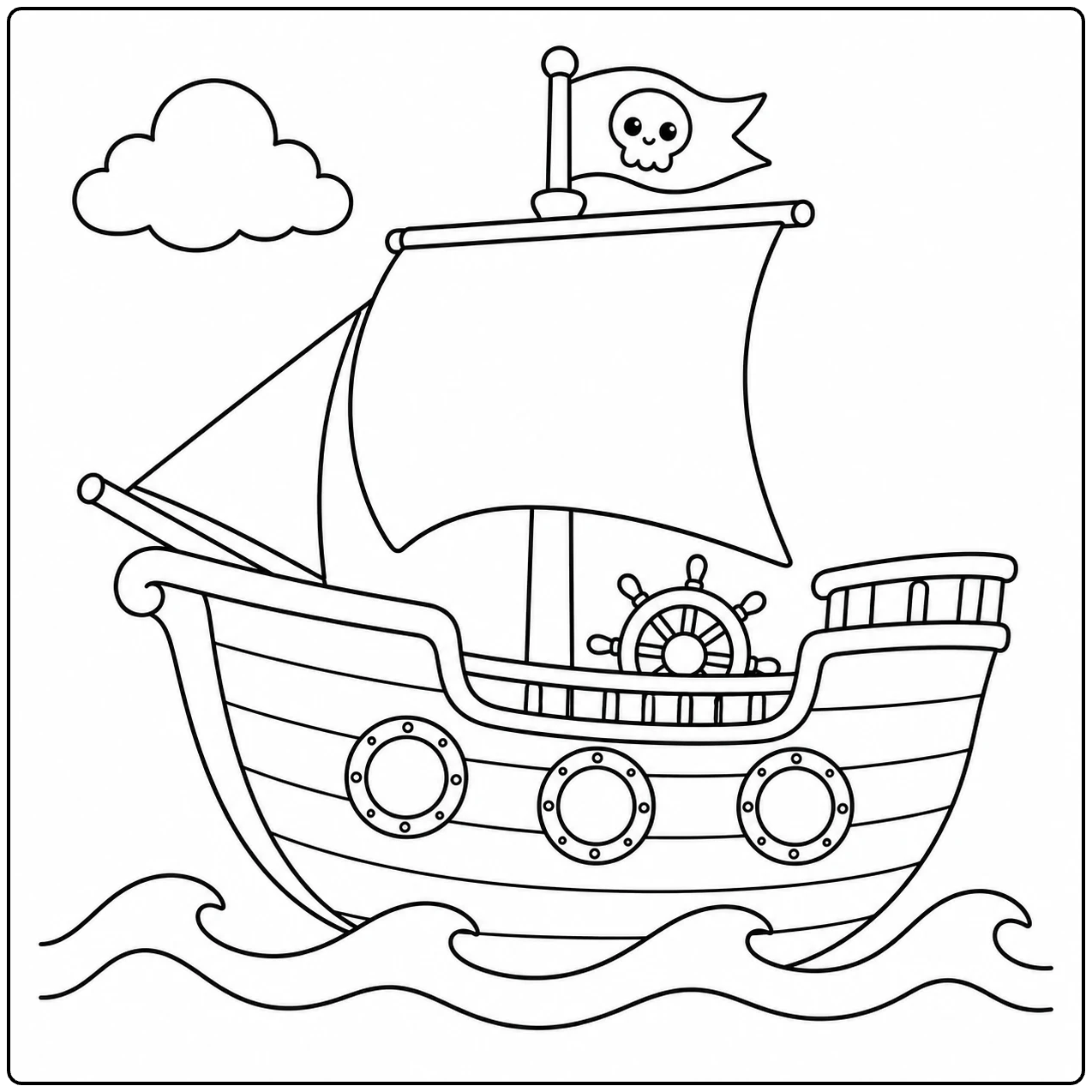 Vriendelijk piratenschip met groot zeil, patrijspoorten en vlag boven de golven