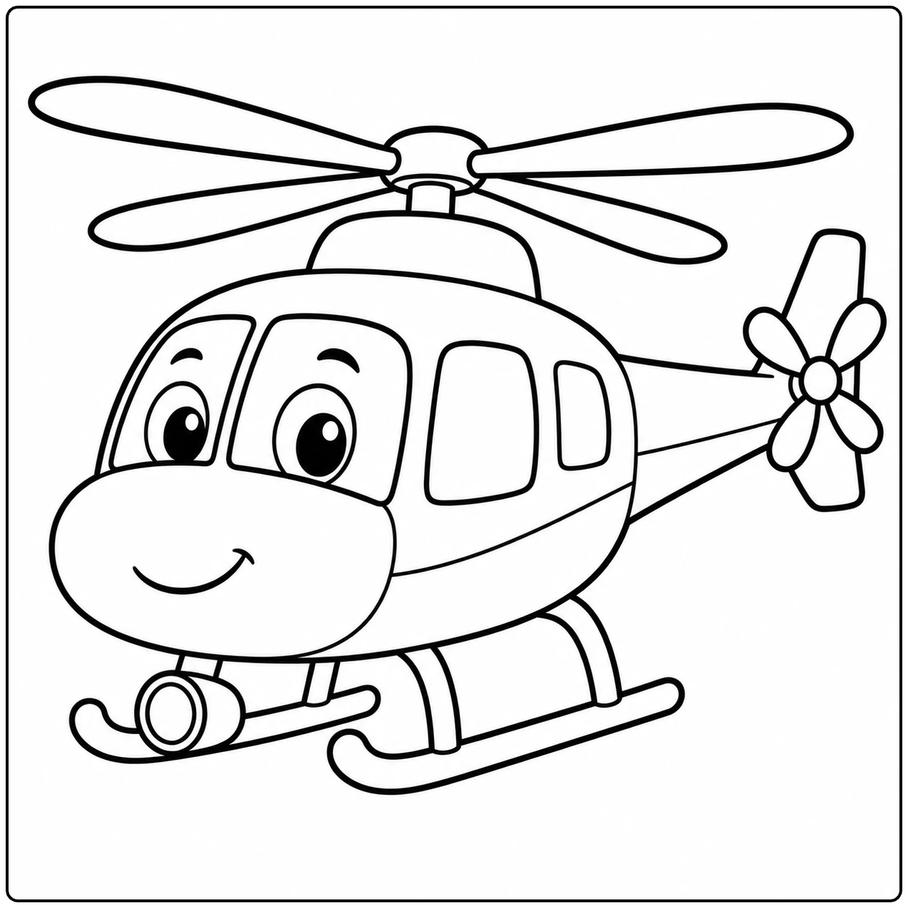 Een vriendelijke kleurplaat politie helikopter met grote ogen, glimlach en afgeronde cabine