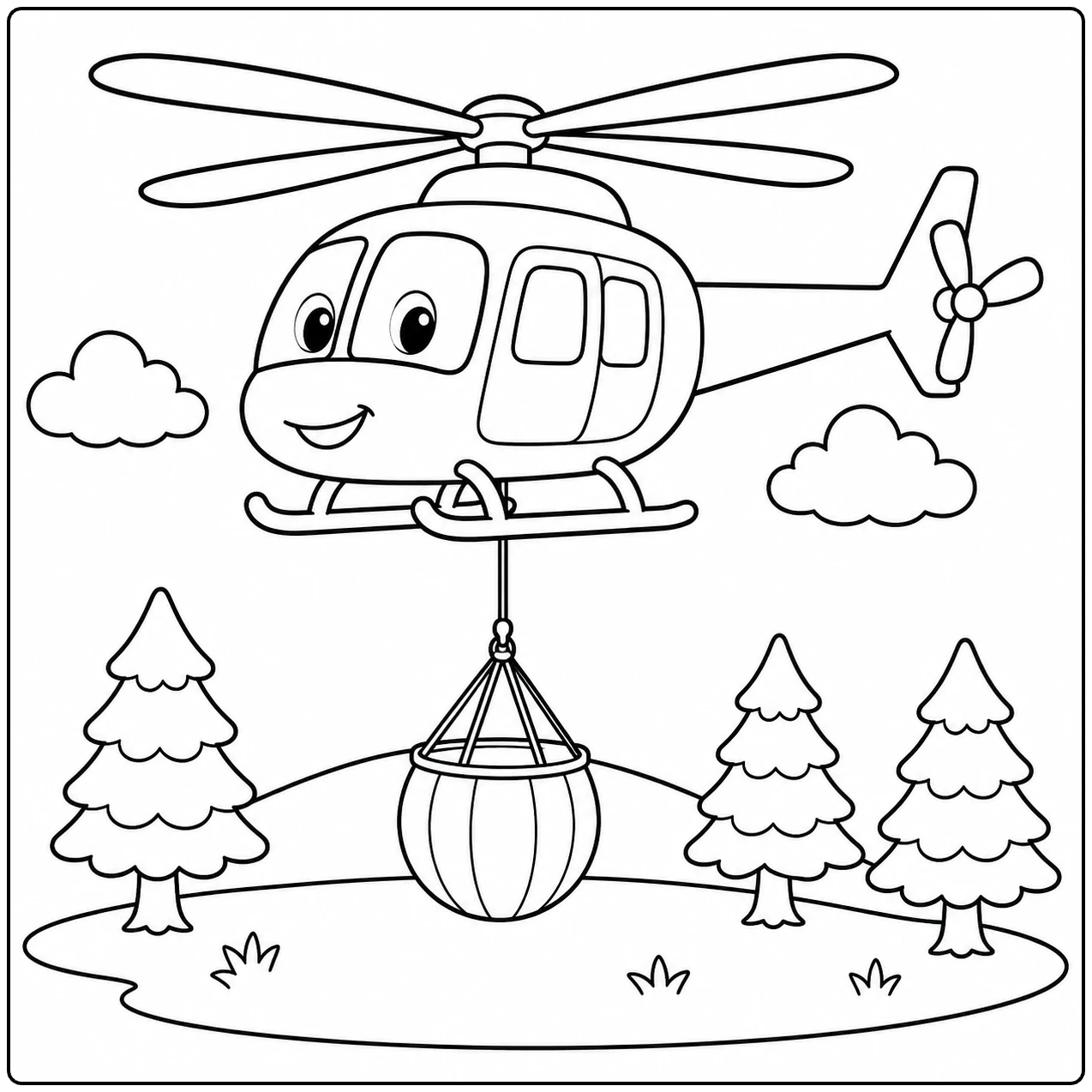Lachende cartoonhelikopter met grote ogen en een waterzak boven dennenbomen en heuvels