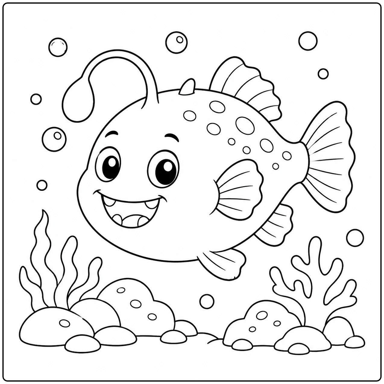 Vriendelijke hengelvis met ronde ogen zwemt door een kleurplaat zee tussen bubbels en rotsen.