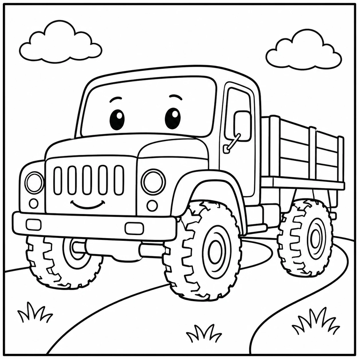 Vriendelijke militaire truck met grote ogen, ronde koplampen en wolken boven een kronkelend pad.