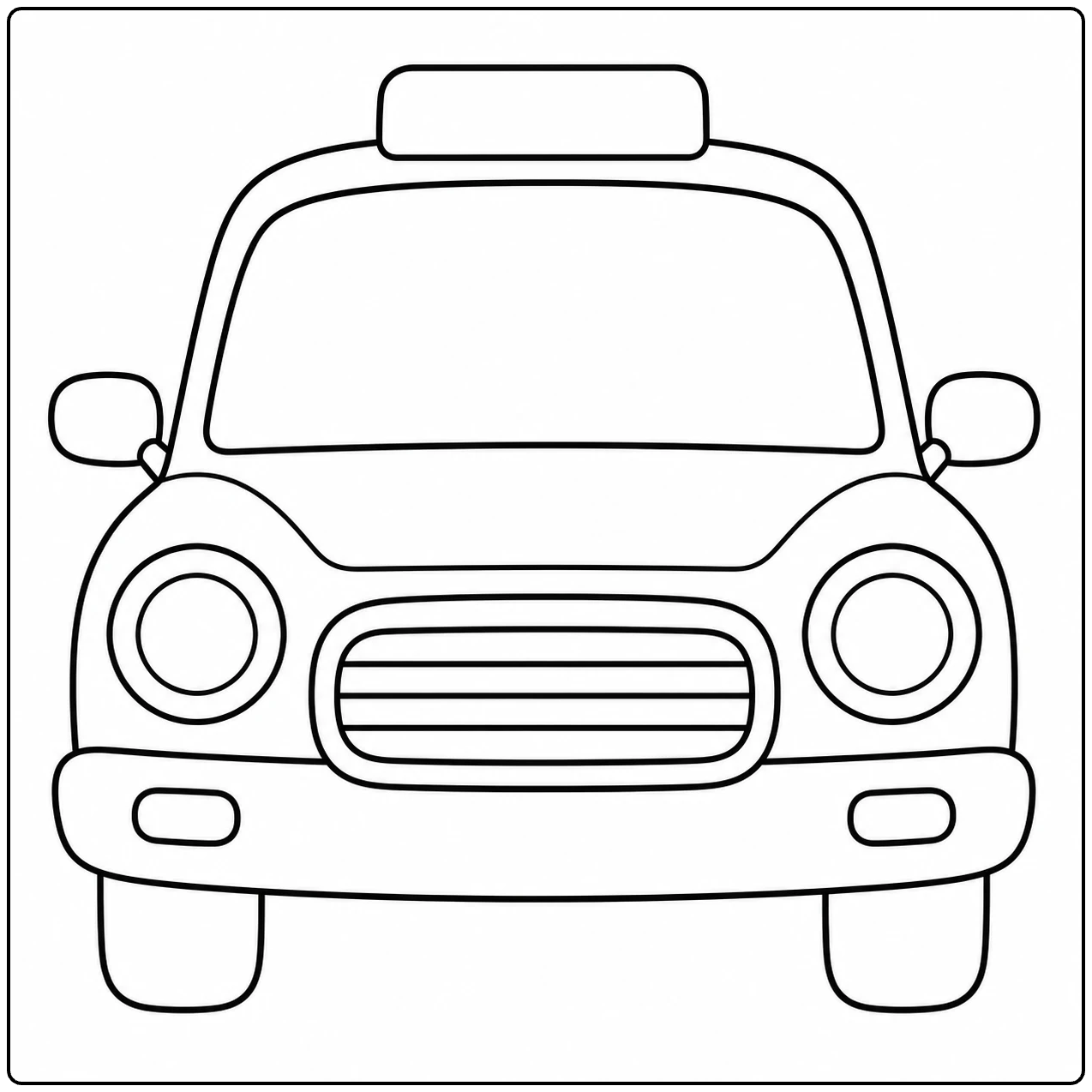 Taxi kleurplaat met een vriendelijke taxi van voren, grote koplampen en een duidelijk dakbord