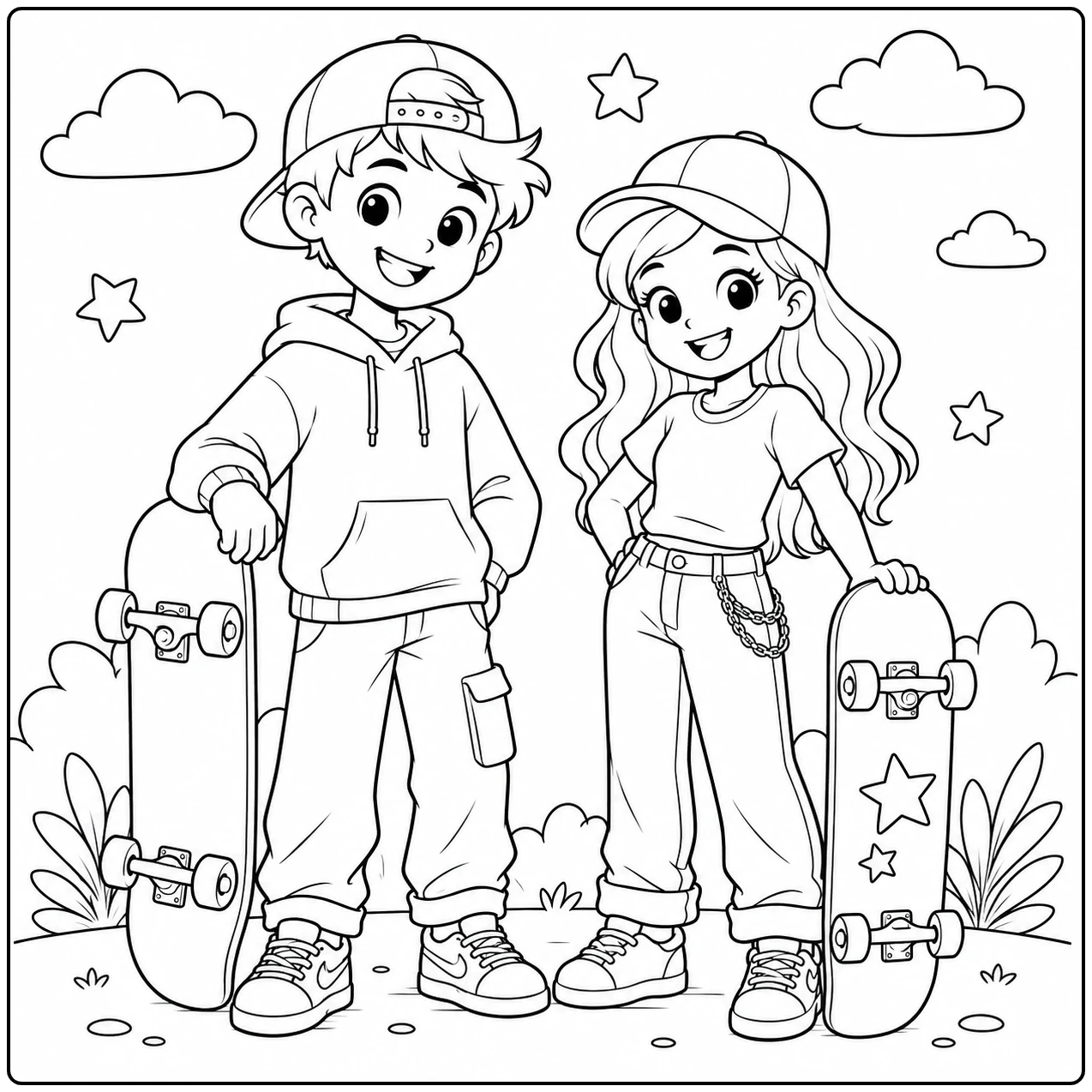 Twee jonge skaters staan samen met hun boards in een vrolijke kleurplaat skateboard vol sterren en wolken