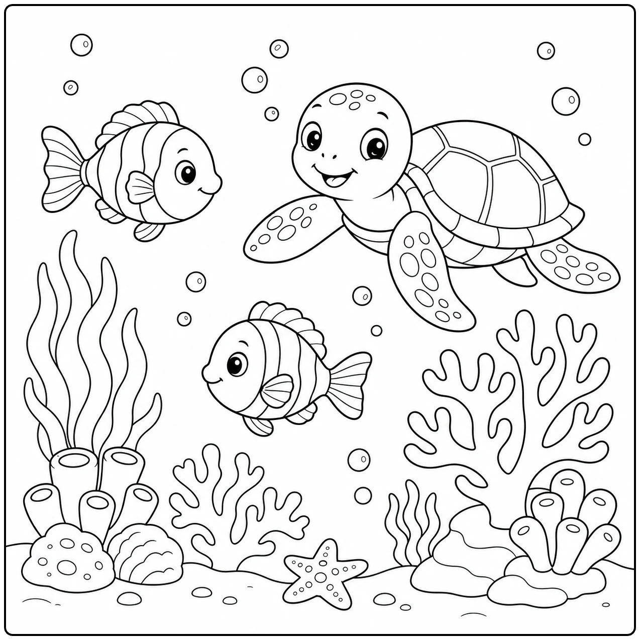 Koraalrif met twee visjes, een schildpad, bellen, zeewier en duidelijke vormen om te kleuren