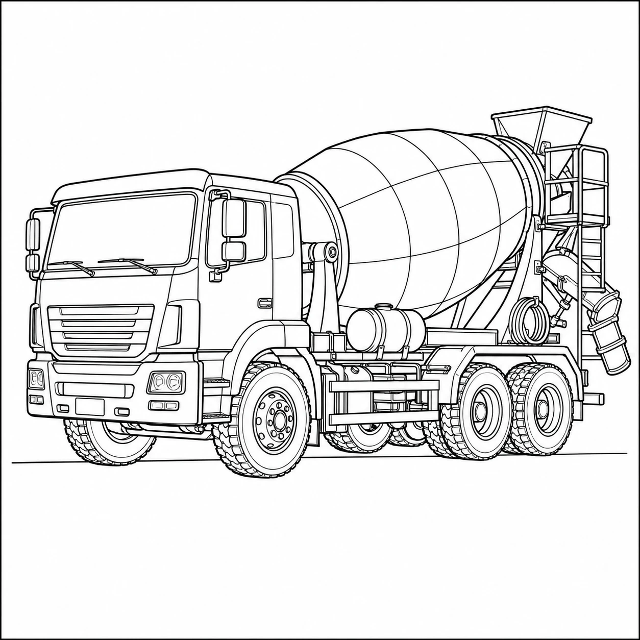 Vrijstaand voertuig met grote mengtrommel en dubbele achteras als kleurplaat betonwagen.