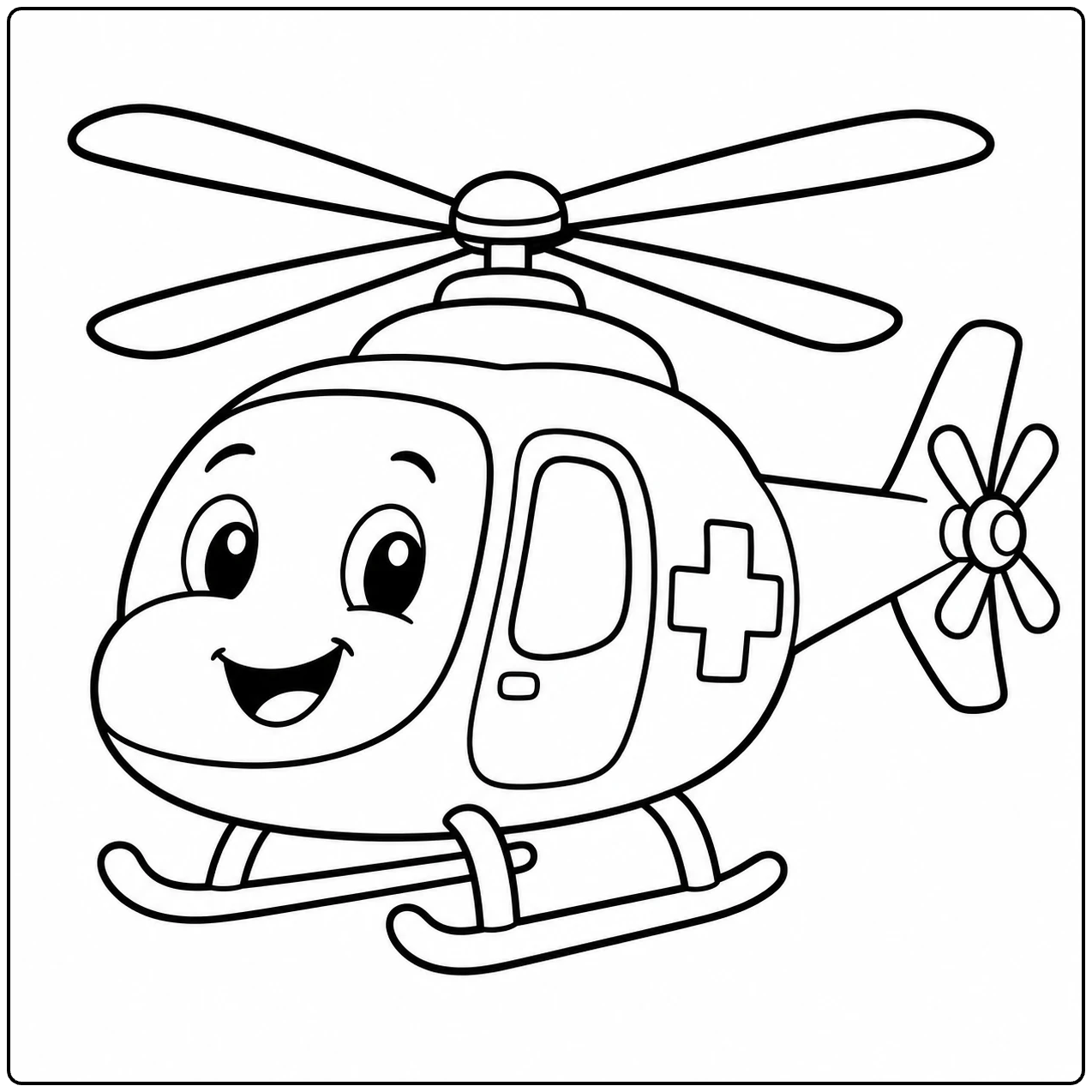 Lachende cartoonhelikopter met grote ogen, vier rotorbladen en een medisch symbool op de zijkant