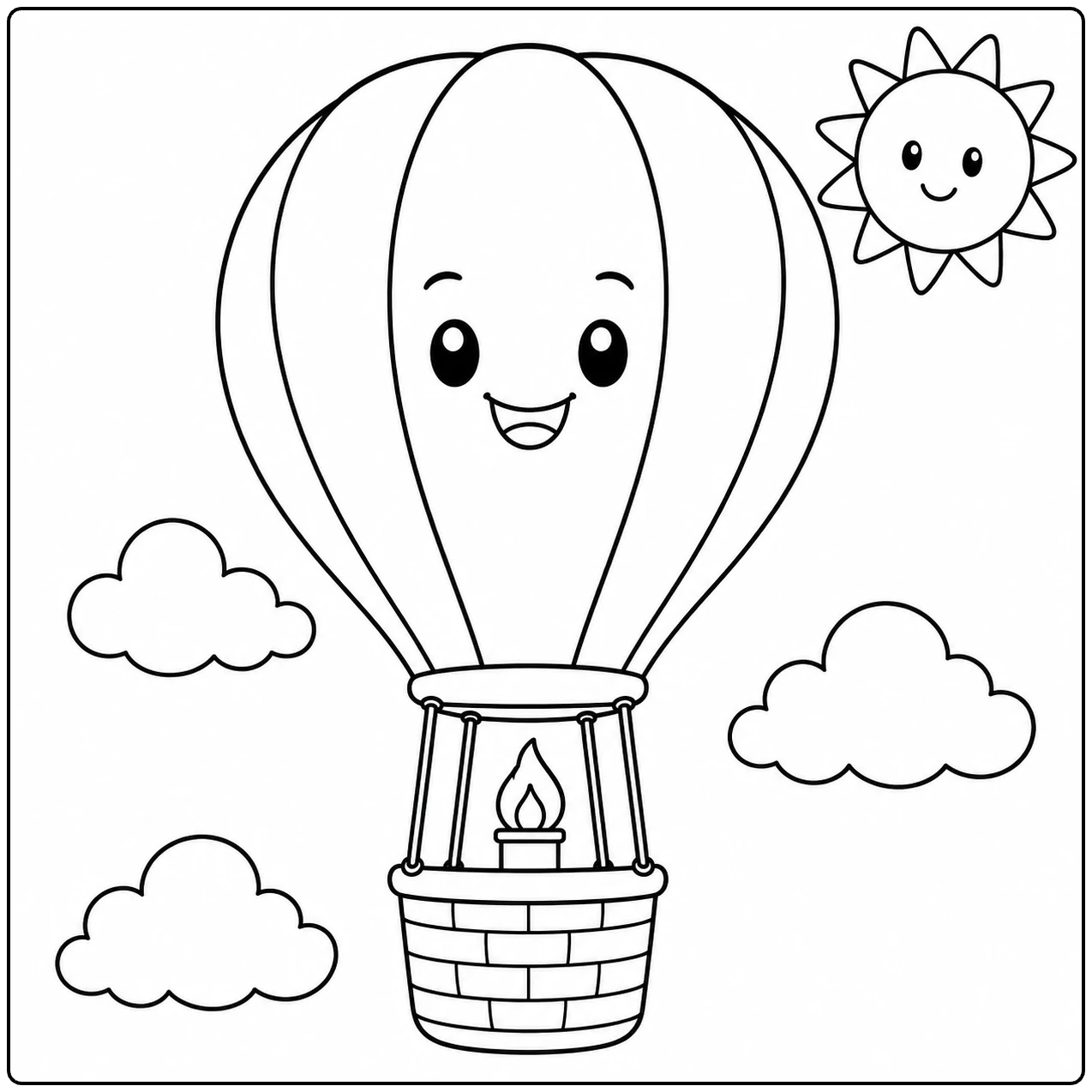 Lachende kleurplaat luchtballon met een vrolijke zon, wolken en een mand met brander