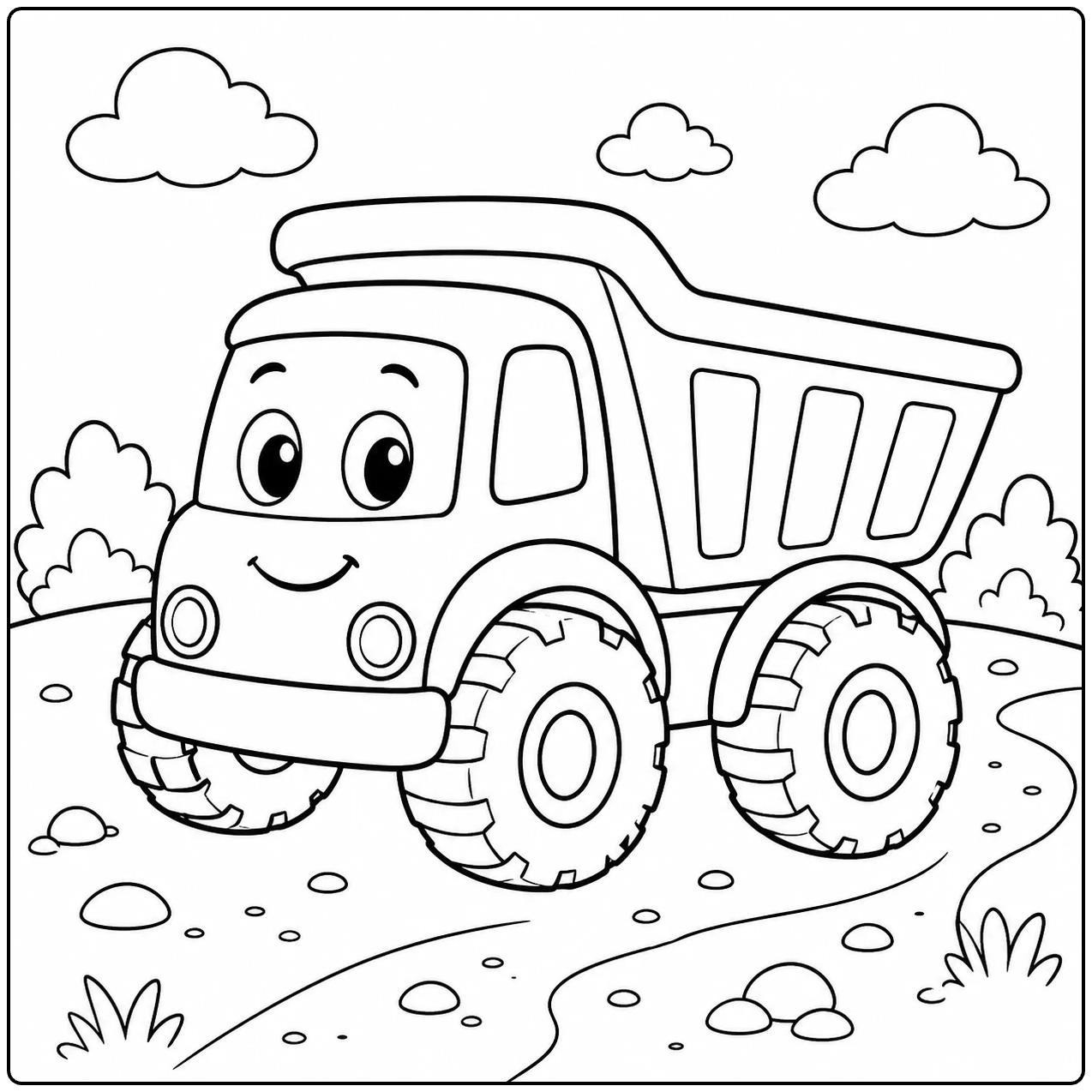 Vrolijke bouwtruck met grote banden, een open laadbak en een speels landschap met wolken