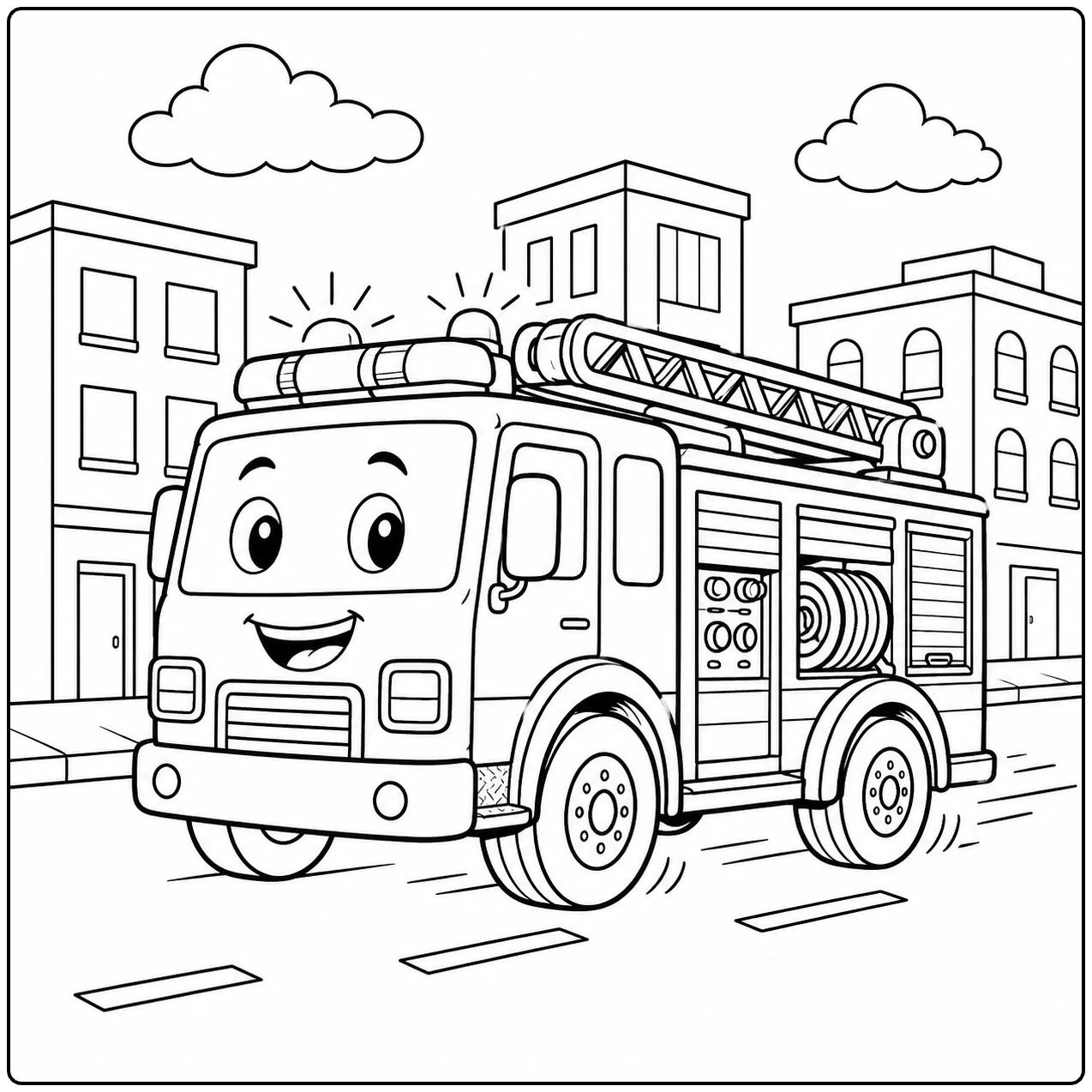 Vrolijke brandweerwagen rijdt door een stadsstraat met gebouwen en wolken op de achtergrond