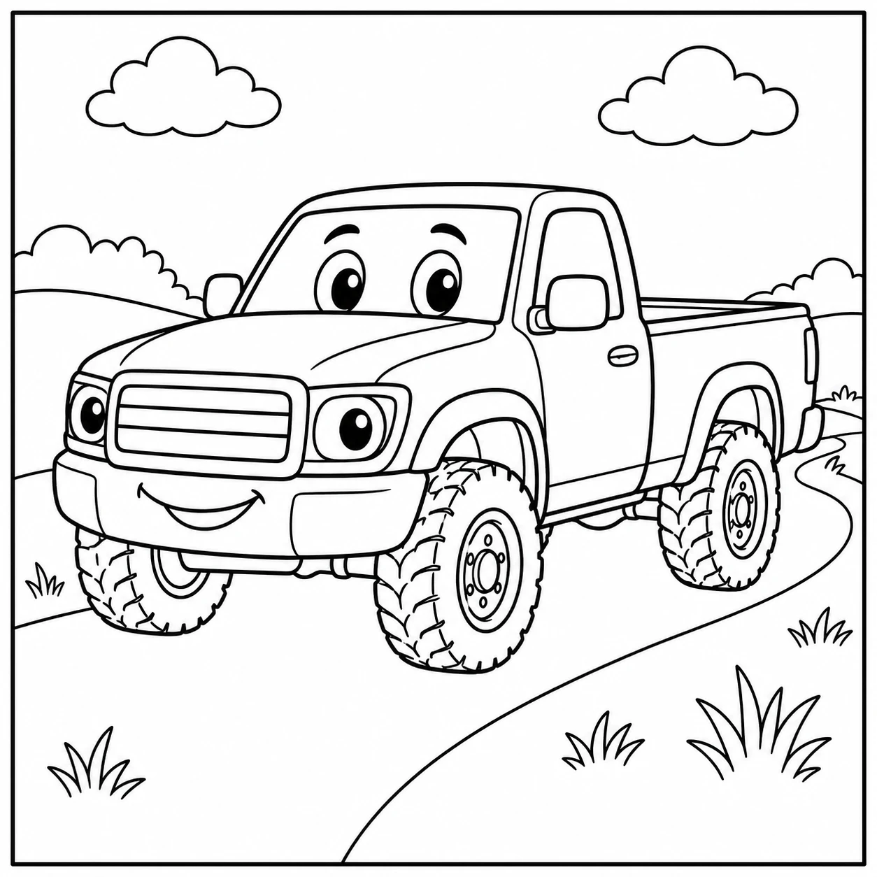 Vrolijke kleurplaat pickup truck met een lachend gezicht op een rustige weg tussen heuvels.