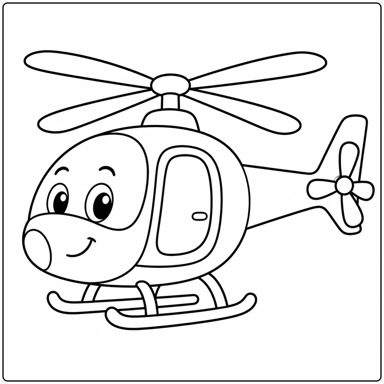 Schattige cartoonhelikopter met grote ogen, glimlach en afgeronde cockpit
