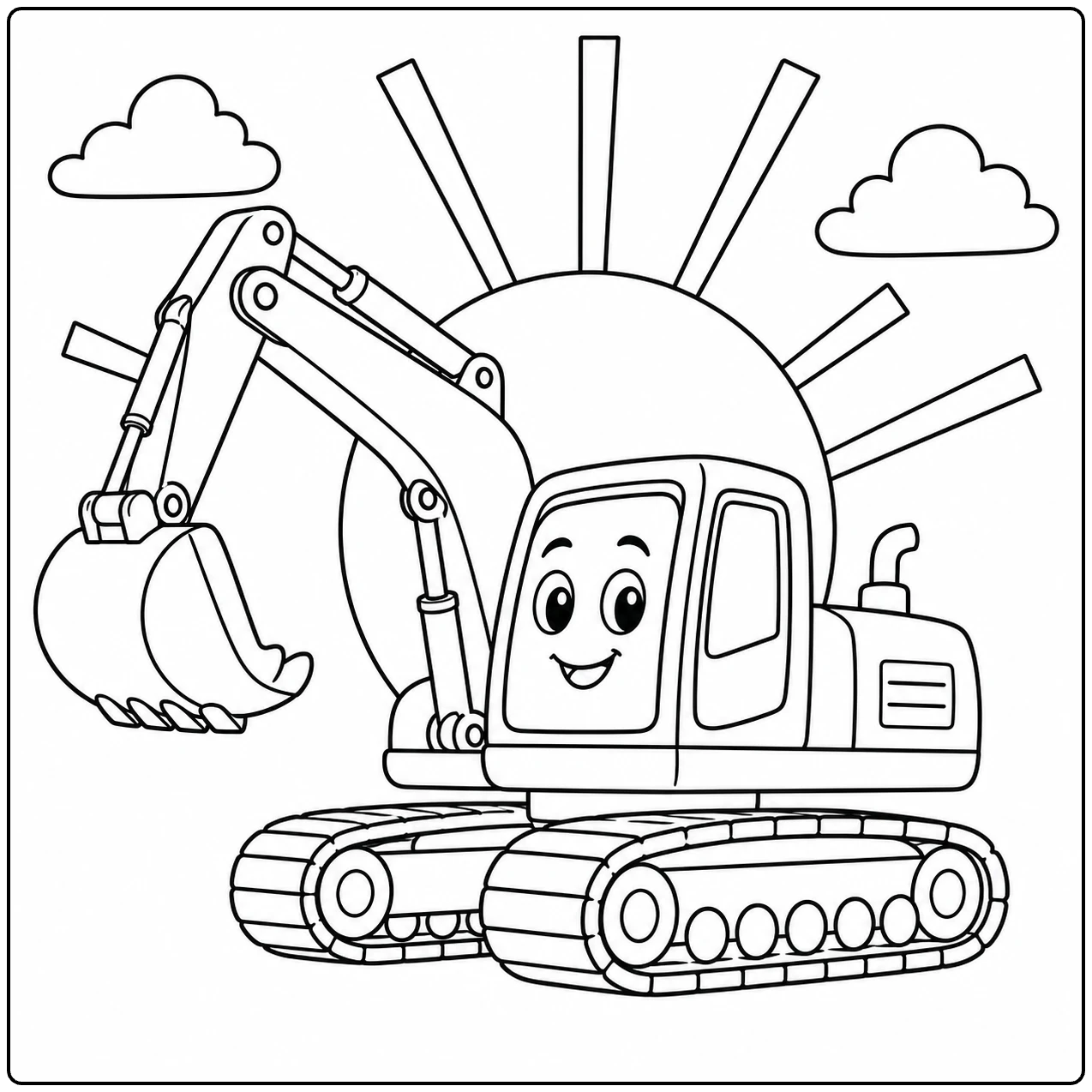 Lachende cartoon-graafmachine bij zonsopgang met brede zonnestralen en twee wolken