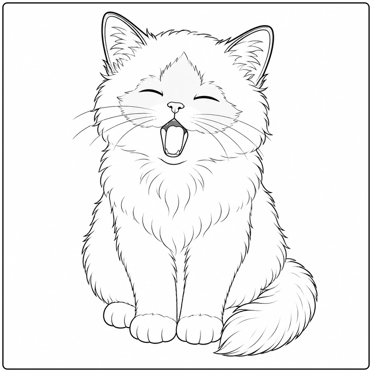 Pluizige Birmaanse kat zit rechtop met gesloten ogen en een open bek, alsof ze vrolijk miauwt.